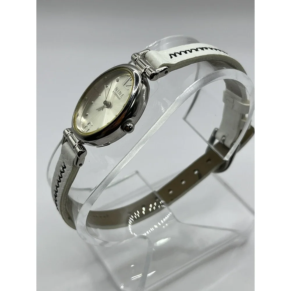 Nine & Company Watch Women's Stainless Silver White Leather‎ Band- New Battery!